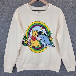 Vtg Disney Winnie the Pooh Sweatshirt Womens L Crewneck Chenille Fuzzy Patch 90s
